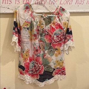 Johnny Was Red and Pink Ruffled Tie Front Blouse